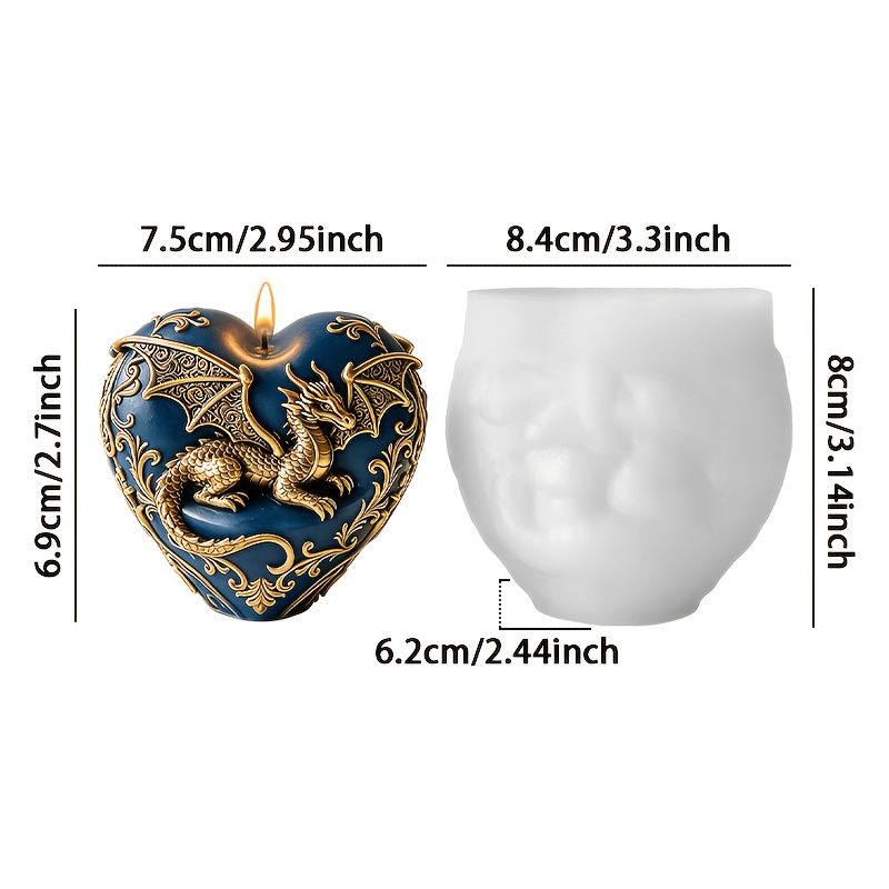 TEMU Moule à bougie en silicone Dragon Cœur - Moule de fabrication de bougies piliers à motif dragon 3D, adapté aux cadeaux de Saint-Valentin, moules