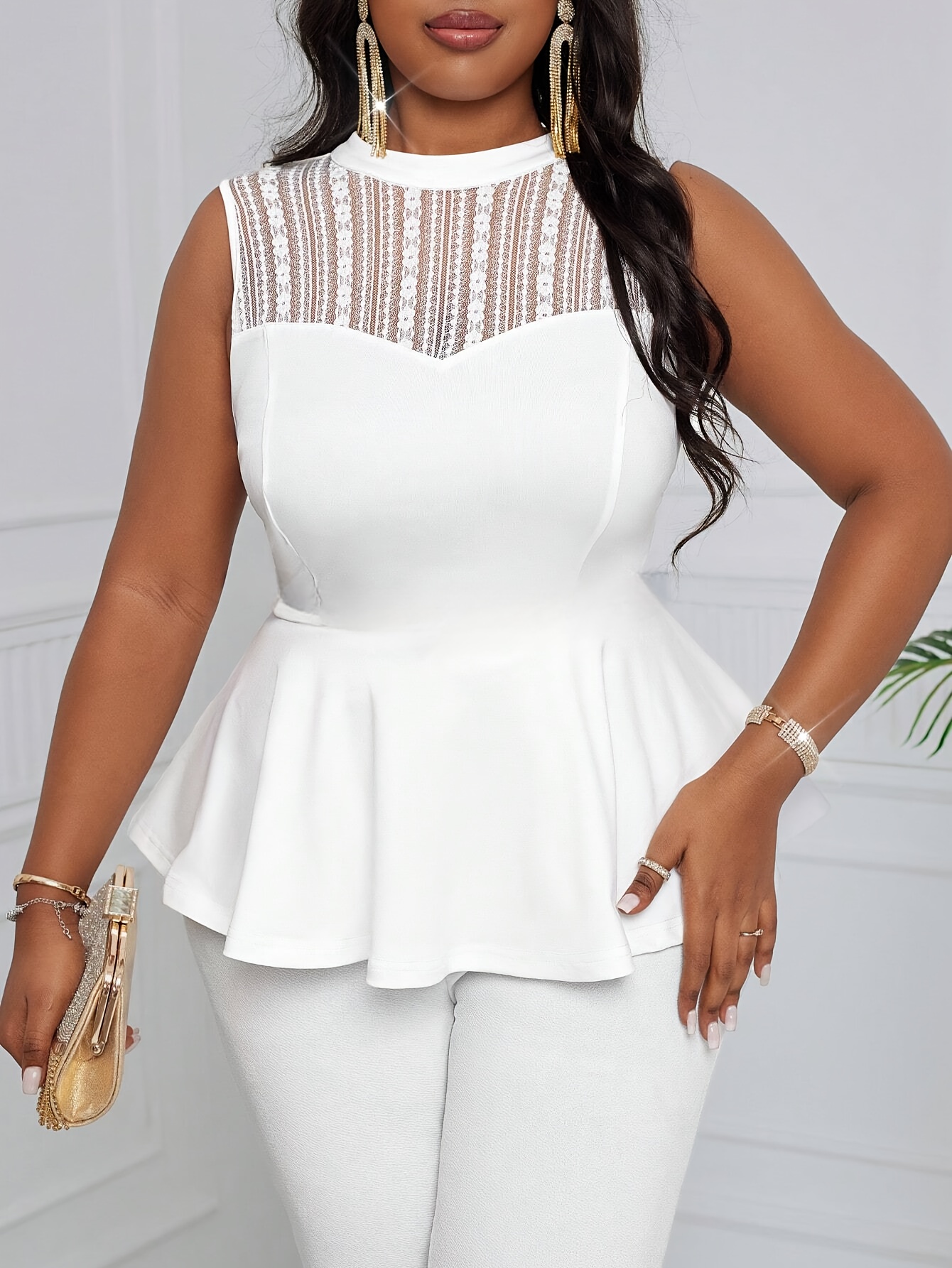 plus size womens elegant sleeveless lace trim top white - Temu