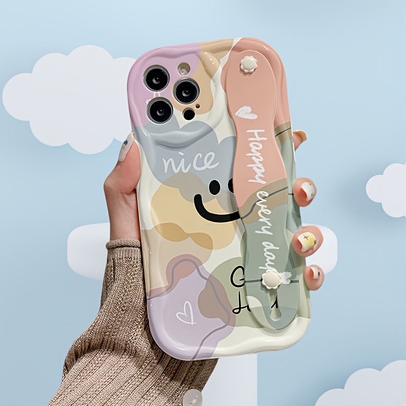 TEMU Coque de téléphone - Coque Crème Blanche Blocs Colorés, Coque de téléphone avec Support de Poignet, Design Minimaliste, Compatible avec