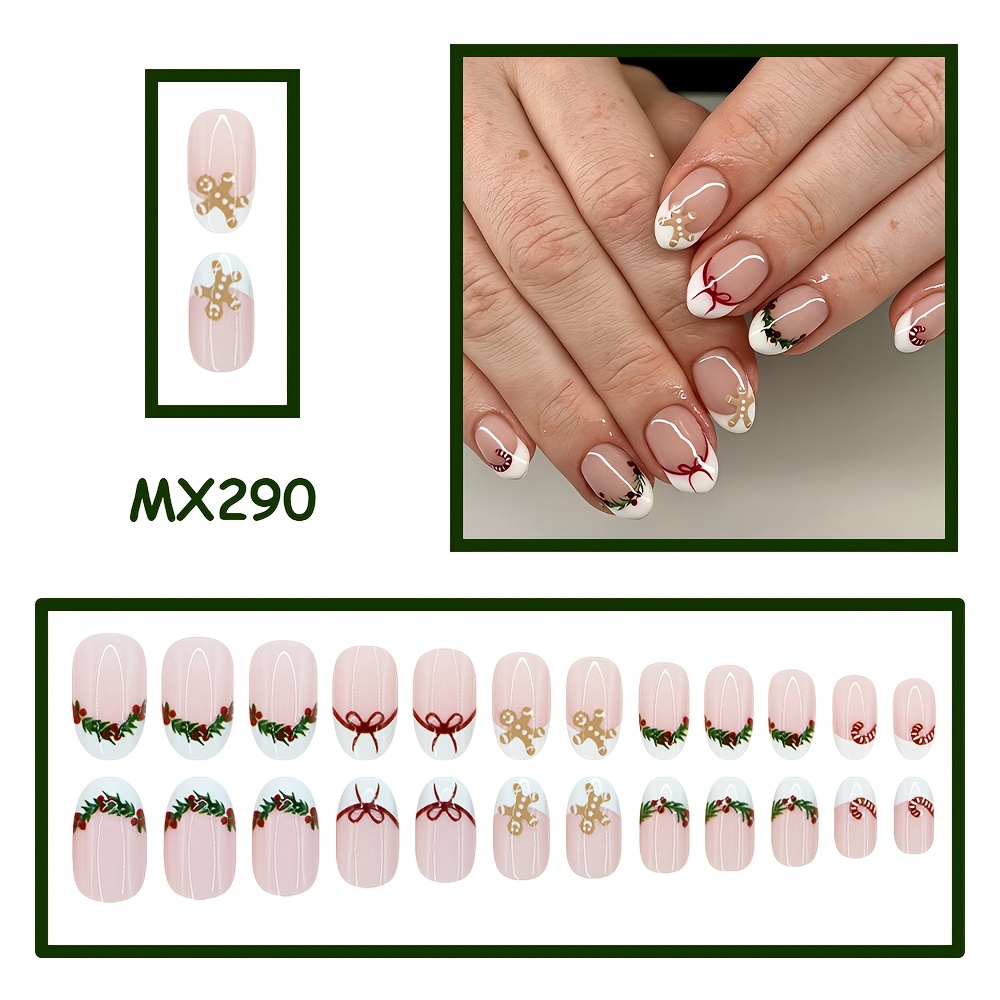 TEMU 24pcs Nude Pink Transparent White-tip Gingerbread For Man Wine Red Bow Holly Wreath Candy Cane Oval Press-on Nails, White-brown-red Color Block
