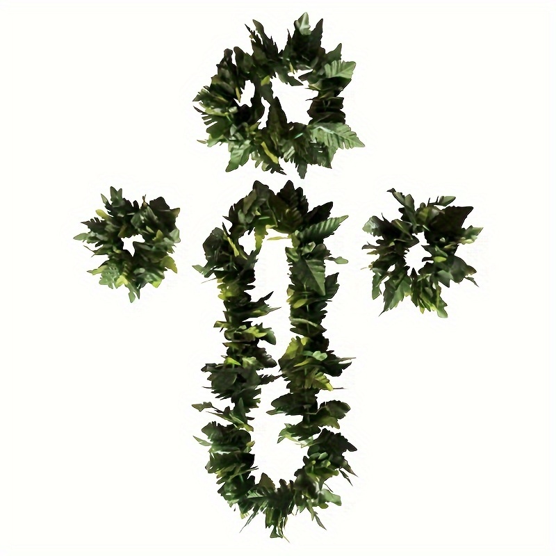 

Hawaiian Luau Party Pack - 4pcs Tropical Leaf Garland Set With Necklace, Headband & Bracelet For Beach Themed Celebrations, Hawaiian Party Decorations