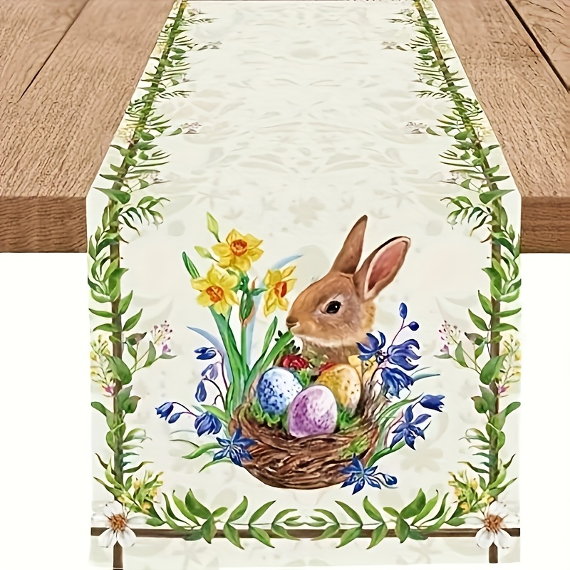 

1pc Vibrant Easter Bunny & Floral Table Runner - With Green Leaves & Eggs Design, Dustproof & Easy Clean Polyester, Ideal For Kitchen & Home Party Decor, Bunny Accessories