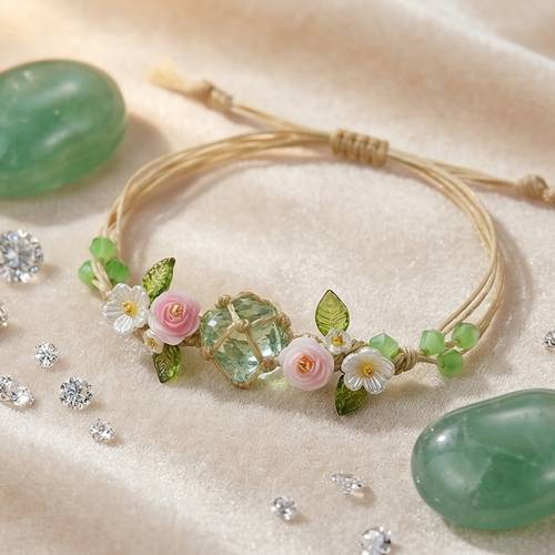 bohemian bracelet for women green beads suitable for jewelry birthday gift casual attire flower rope chain niche handmade accessory for day easter