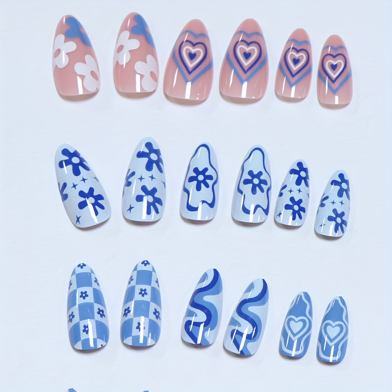 24pcs blue heart medium almond nail 1pc nail file 1pc - Temu Canada