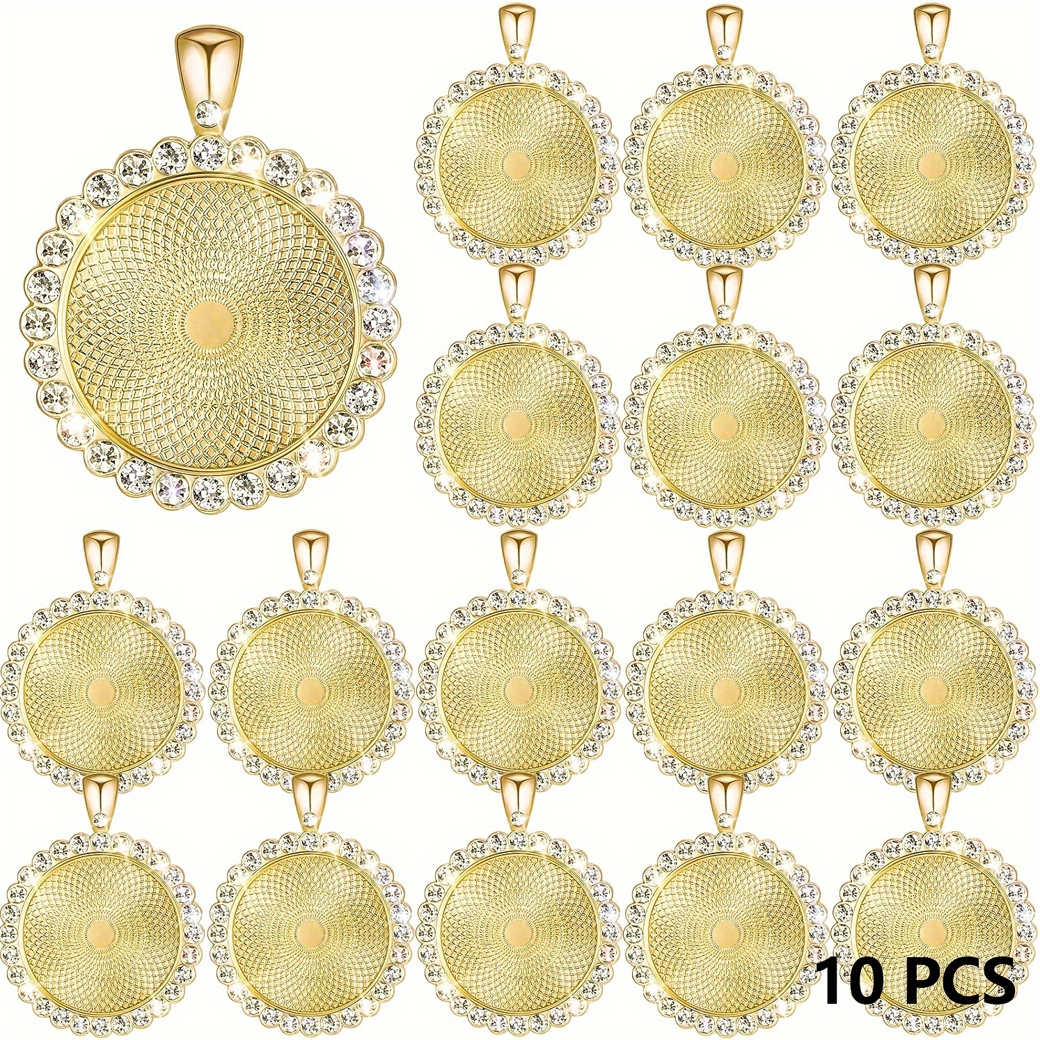 

10pcs Golden-tone Rhinestone Bezel Pendant Trays - Elegant Round Cabochon Settings With Sparkling Gemstone Accents For Crafting, Alloy