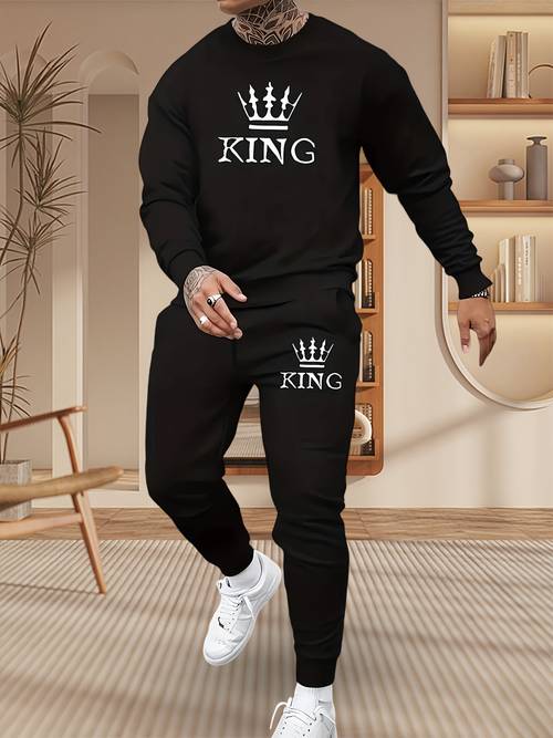mens clothing store print round neck long sleeve top and drawstring sports pants 2pcs set comfortable for autumn and running