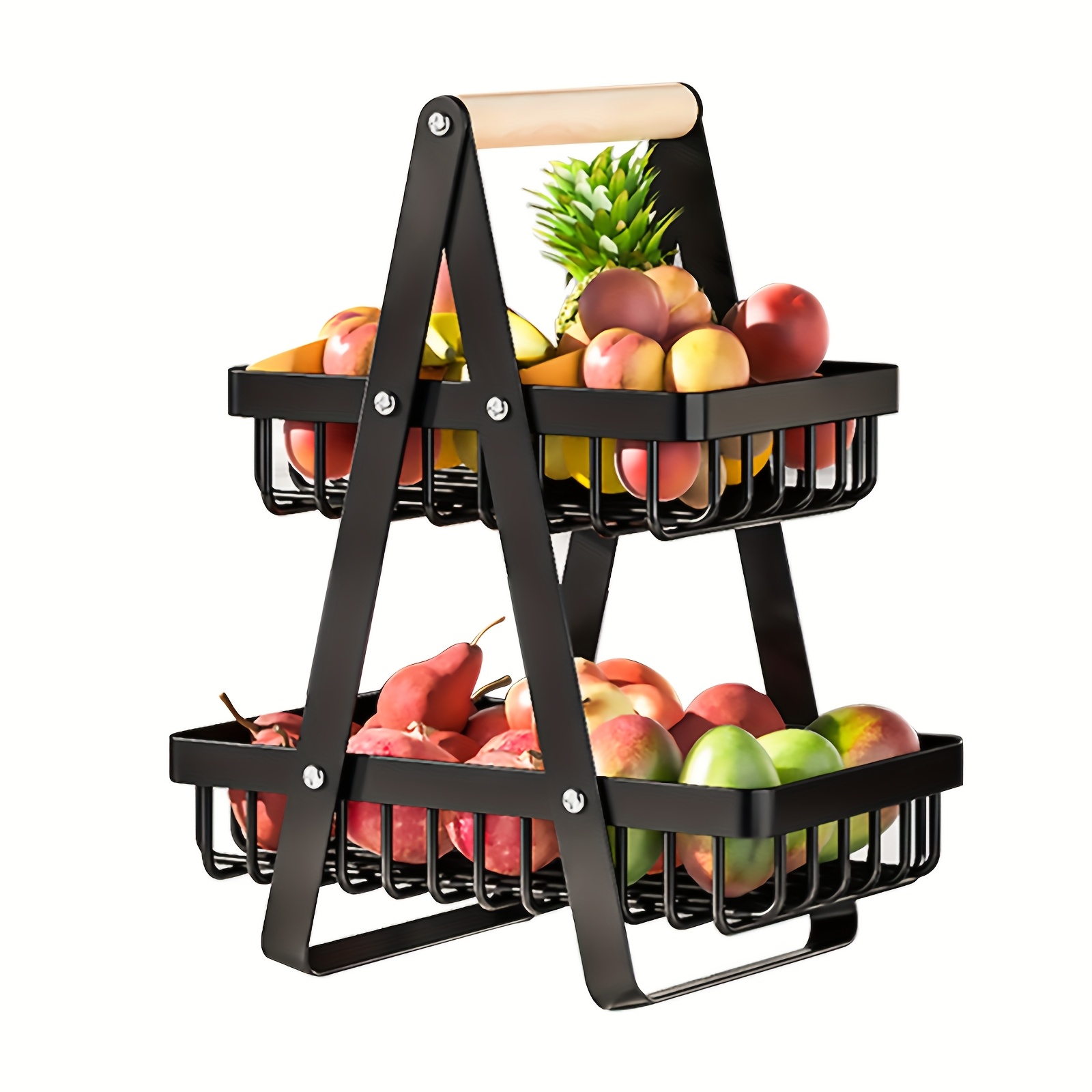 E-shop Robuster Metall 2-Etagen Aufbewahrungskorb mit Stabilem Holzähnlichem Schwarzem Griff - Platzsparender Arbeitsplattenorganizer, Vorratsschrank,