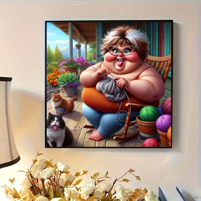 TEMU 1pc 5d Diamond Painting Kit - Chubby Woman Knitting Design, Round Acrylic Canvas With Colorful Yarns, Wall Decor, No Frame Needed, Office