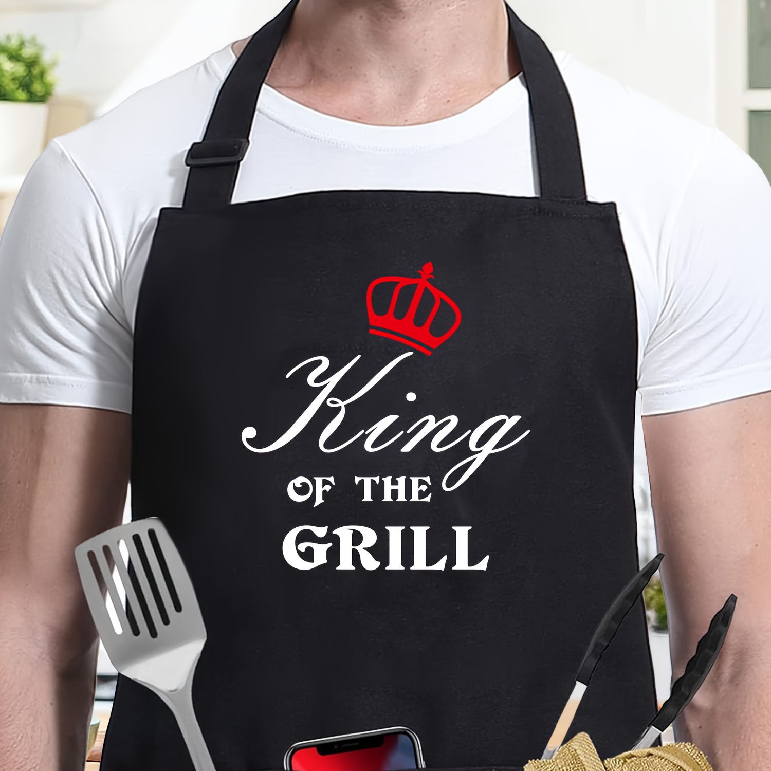 

King Of The Grill Adjustable Neck Strap Polyester Apron - Knit Fabric Cooking Apron For Father's Day - 100% Polyester Material Black Bbq Apron With Pocket