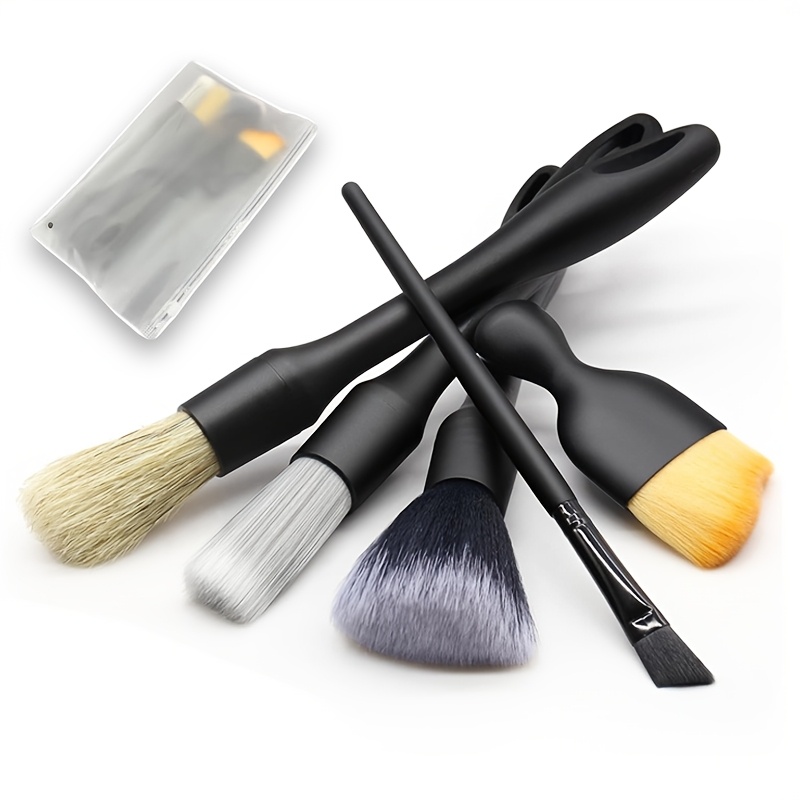 TEMU 5pcs Car Detailing Brush Set - Soft Bristle Kit For Car, Furniture, Electronics, Motorcycles, Bicycles - Plastic Material, Uncharged - Black