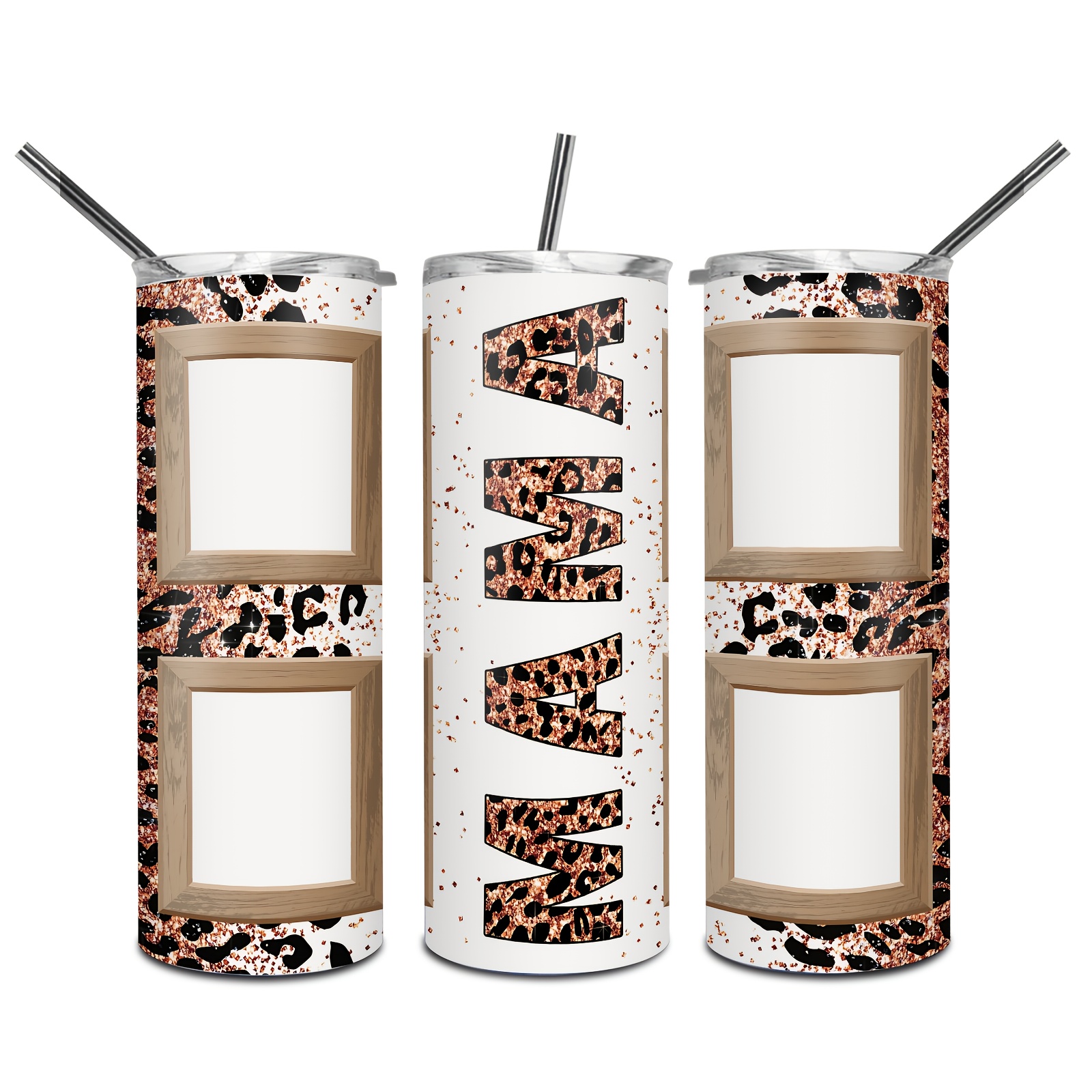 TEMU 1pc 20oz Leopard Print Mama Custom Tumbler With Lid And Straw. Leopard "mama" Design With 4 Photo Frame Slots . Gift For Moms, Wives, And Women