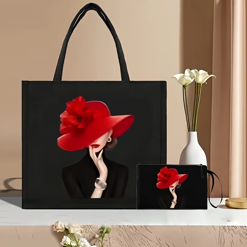 E-shop 2er-Set große Handtaschen mit Beauty-Print, inklusive Make-up-Tasche, große Handtasche für den täglichen Weg zur Arbeit, geräumige Reisetasche: