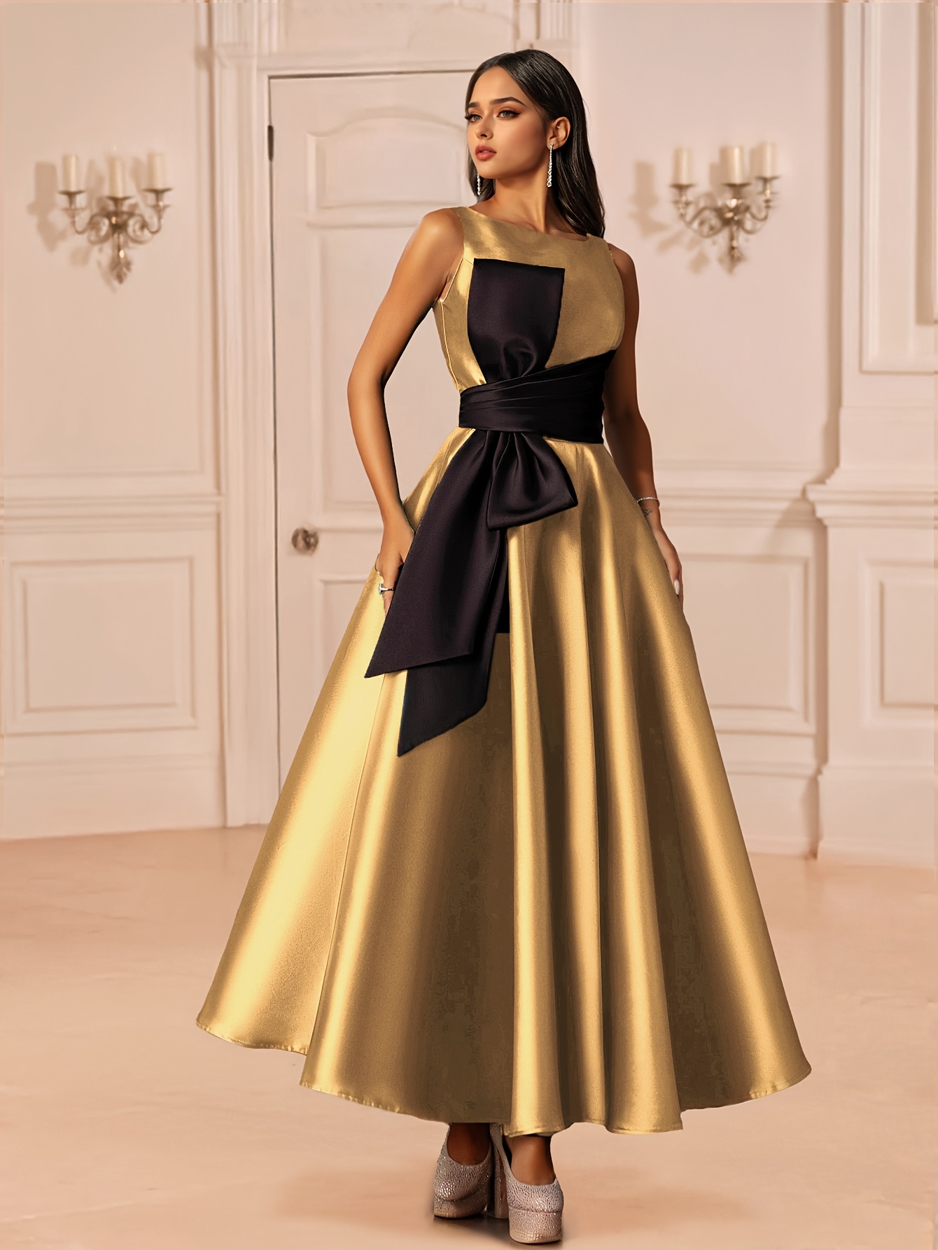 womens formal evening gown elegant golden formal dress waist - Temu Spain