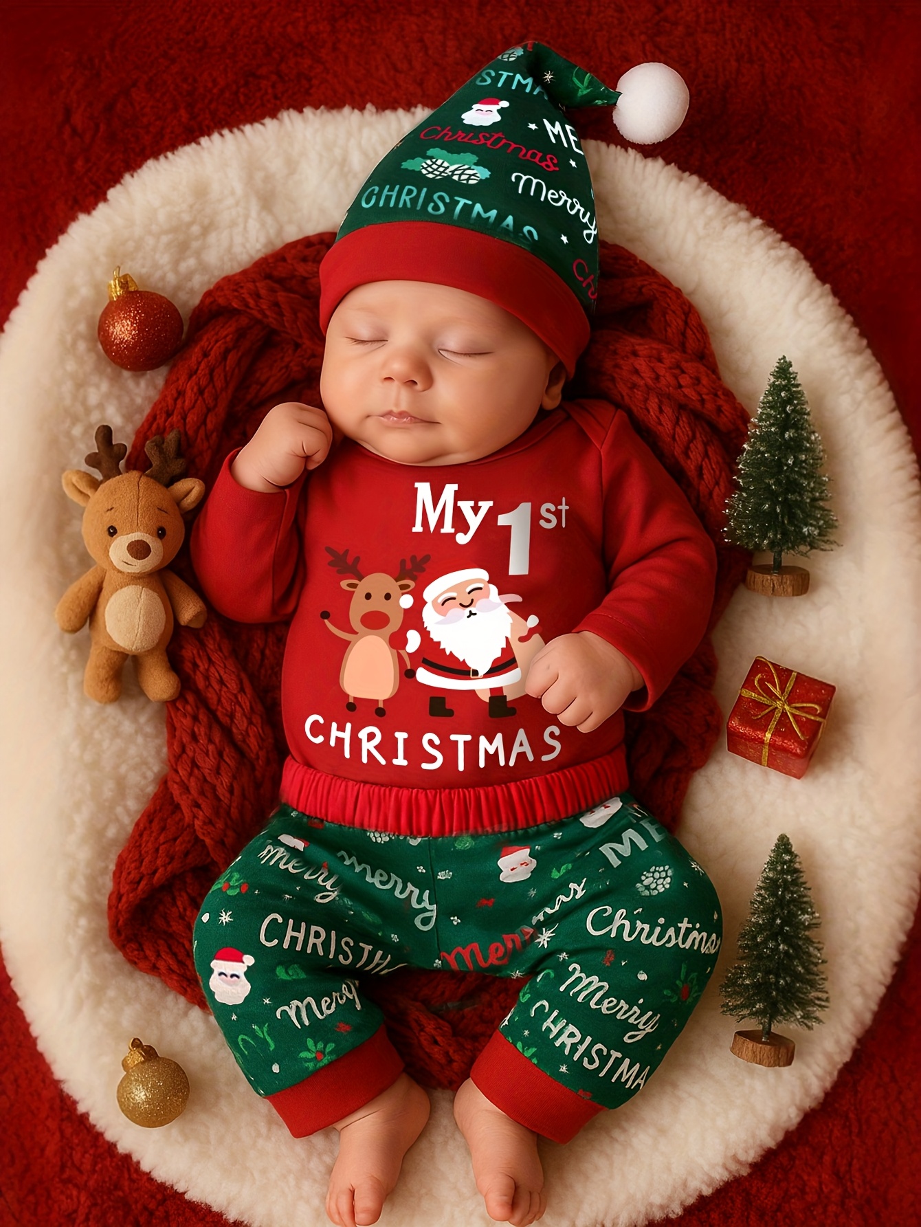 3-delige Baby Jongen Vakantie Outfit Set - Rode Kerst Romper met Groene Kerstbroek & Hoed, Zachte Gebreide Romper met Lange Mouwen, Kerstmannenhoed & Rendier Design, voor Buiten