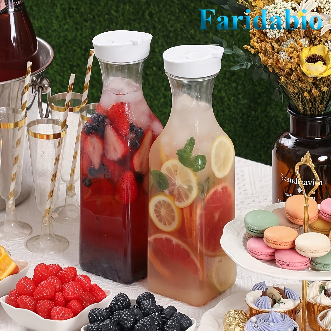 Set Of 4 Glass Carafe With 8 Lids, 1 Liter /34oz Beverage Serveware Carafe, Beverage Pitcher Carafe Set For Mimosa Bar, Brunch, Cold Water, Juice