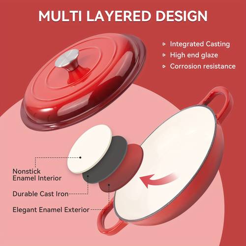 3 quart enameled shallow cast iron dutch oven with lid dual handles dutch pots for cooking heavy duty nonstick oven to 500 f works on all stovetops red
