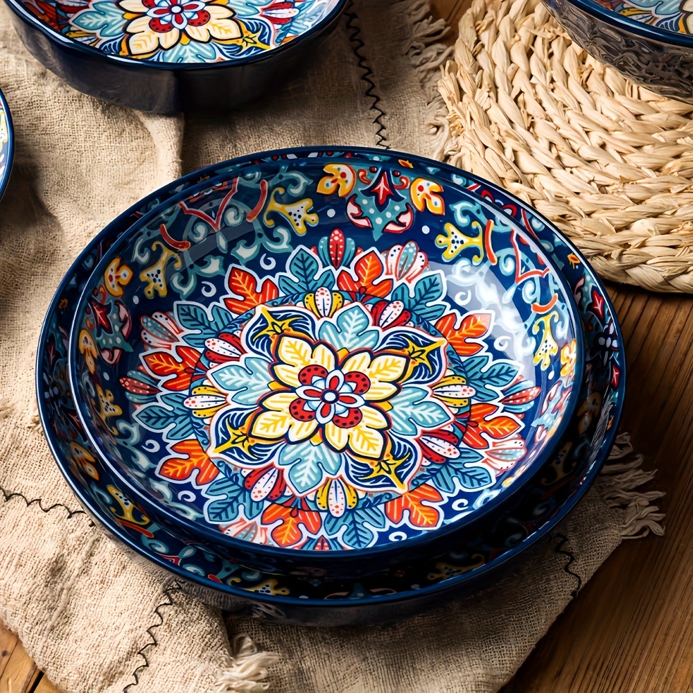 

4 Pieces 8-inch Ceramic Bohemian Style Dinner Plates - High-rim Salad & Pasta Bowls - Suitable For All Seasons