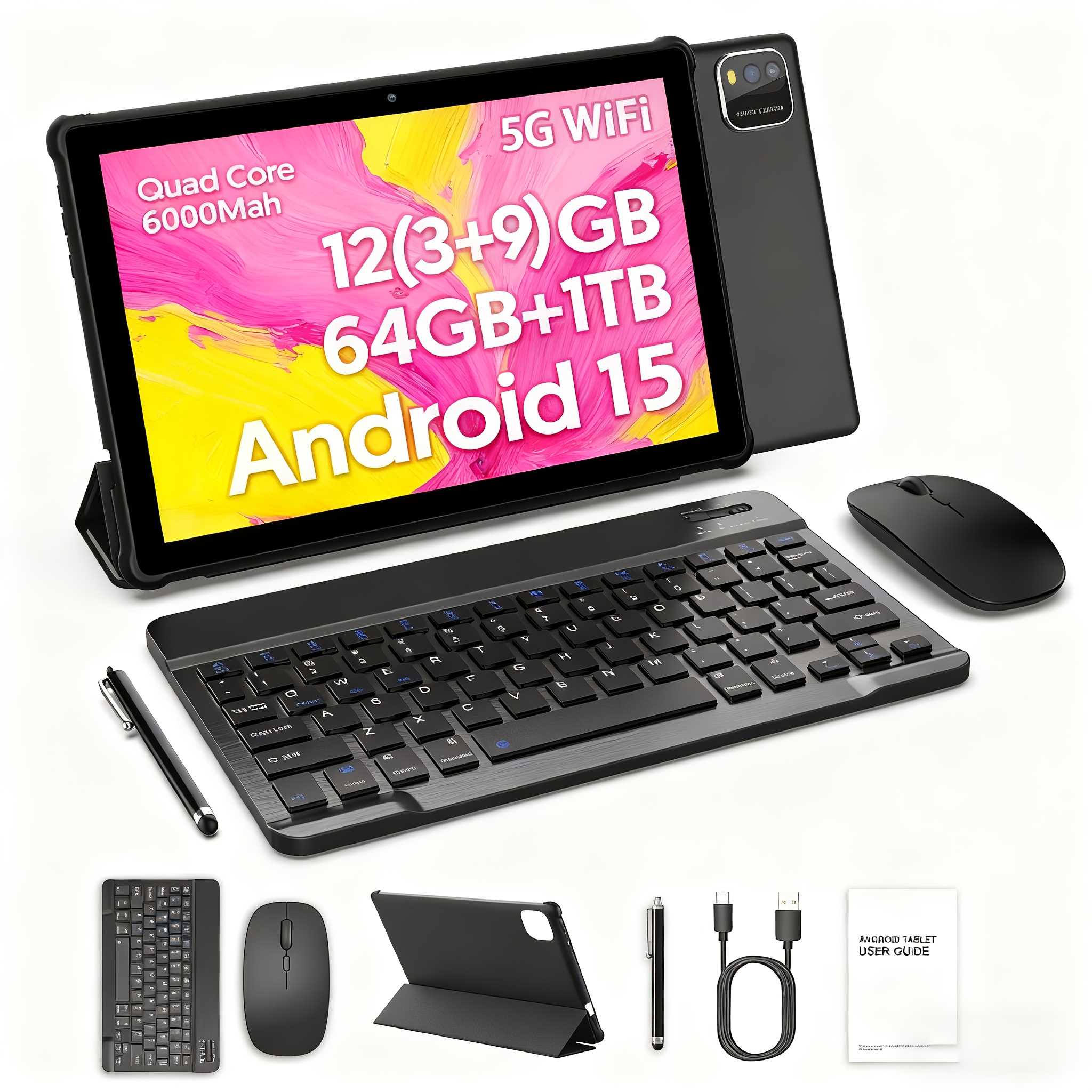 Tablet 2024 Latest Android 14 Tablet 10 Inch 2 In 1 Tablet With Keyboard 12GB(3+9)RAM 64GB ROM 1TBExpand 5G WiFi Tablet Quad Core Processor, 6000mAh, 2+8MP Camera, Mouse, Case, Stylus, Tablet, Pad