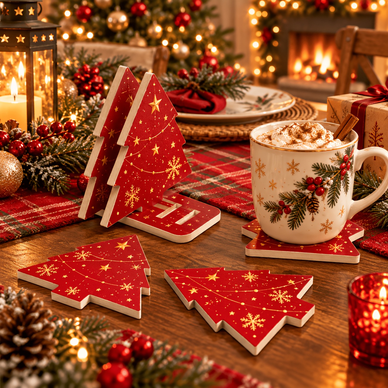 TEMU Set di 5 sottobicchieri in legno a forma di albero di Natale, 4 sottobicchieri con portaoggetti, sottobicchieri rossi dorati e in legno naturale
