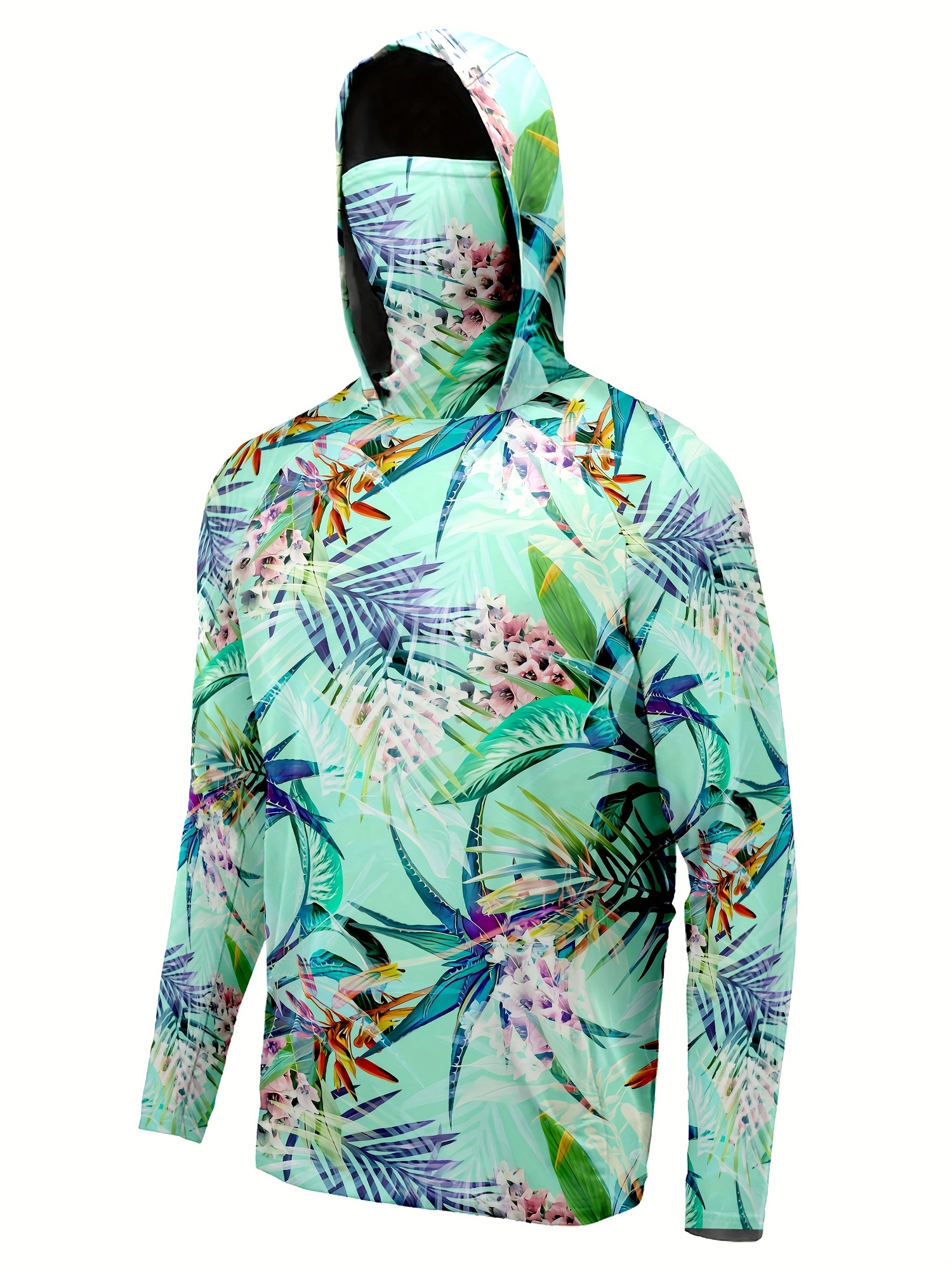 Allover Print Long Sleeve Hooded Face Cover, Buff Top for Fishing, Quick Dry UV Protection Fishing Face Mask Hooded T-Shirt, Women's Activewear,Temu