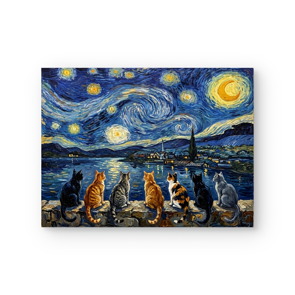 TEMU 2d Flat, 2d Flat, Posters And Prints 1pc Unframed Van Gogh Starry Night Cats Canvas Wall Art Print, Funny Cats Watching Starry Sky Oil Painting