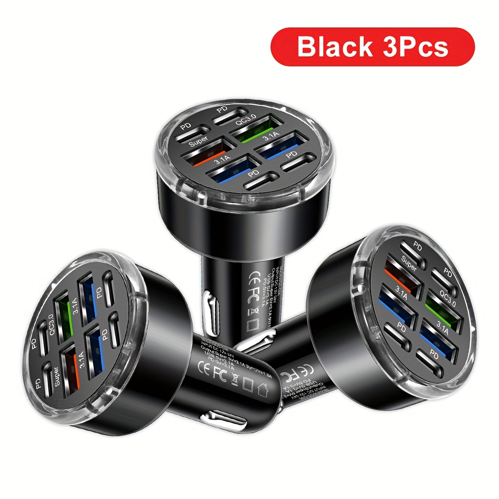 TEMU Kaxoe 3pcs 8in 1 Pd + Qc 3.0 Fast Charging Car Phone Charger Adapter 4 Ports Usb Car Charger 4 Type C Charge 3.0 Car Charger For Iphone For