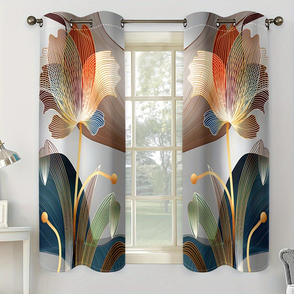 2pcs, Abstract Flowers Luxurious Golden Lines Modern Flowers, Digital Printed Living Room Curtains, Curtain Living Room Furniture Decoration