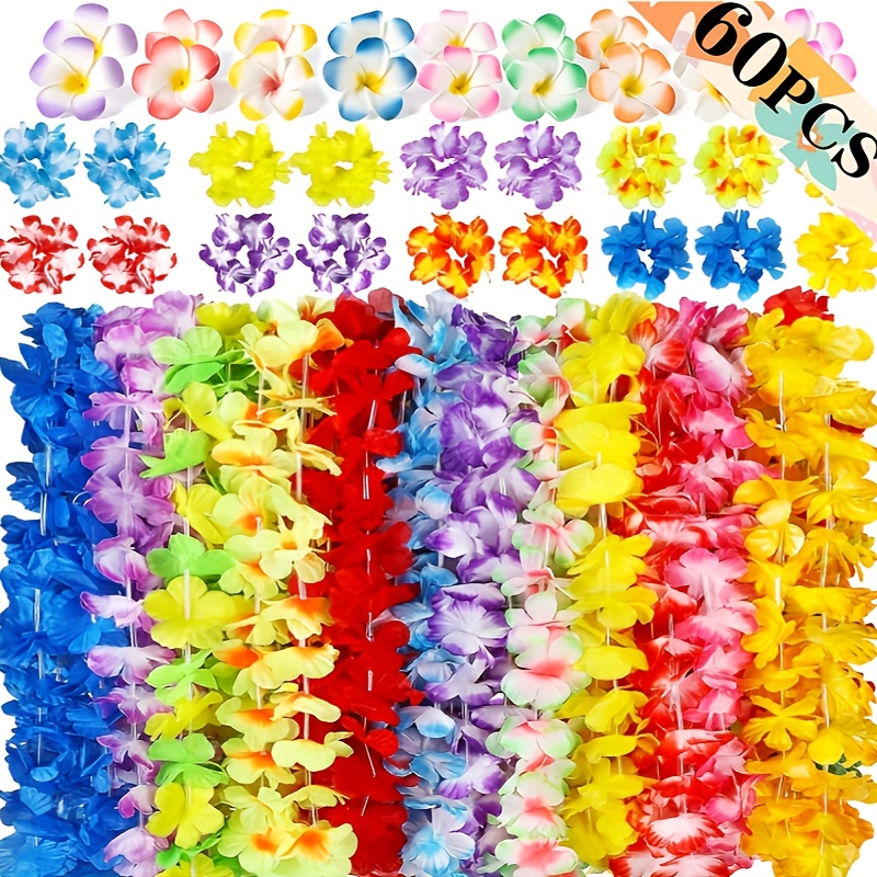 

60pcs, Hawaiian Luau Leis Party Decorations Supplies - Tropical Tiki Flowers Necklaces Bracelets Summer Pool Decor Favors Ornaments