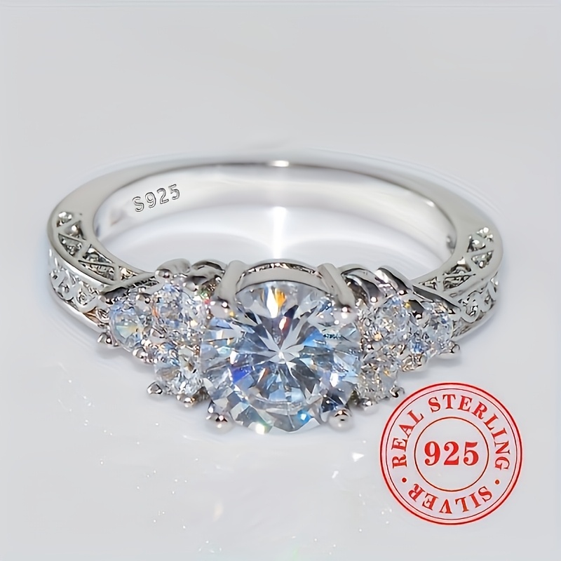 TEMU S925 Sterling Silver Sparkling Synthetic Zirconia Ring Women's Engagement Proposal Ring Gift Jewelry