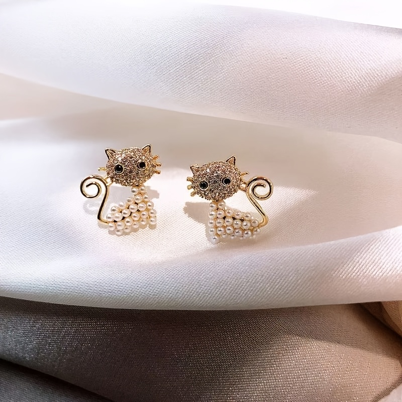 CZ Cat Stud Earrings 925 Silvery Post with Rhinestone for Women