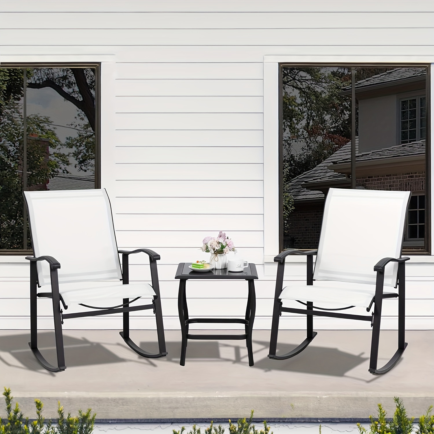 

Jamfly 3 Piece Rocking Bistro Set, Outdoor Furniture With Rocker Chairs And Glass Coffee Table Set Of 3, Balcony, Porch Furniture For Small Space