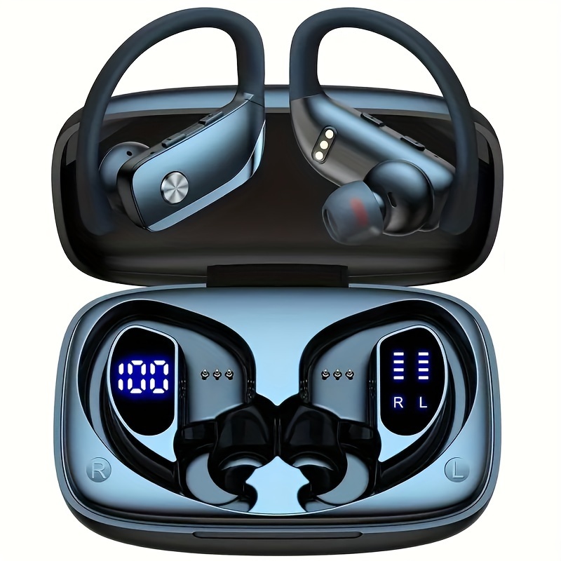 

Wireless Earbuds With Earhooks, , For Sports, Powerful Bass Sound, In-ear Stereo Headphones With Dual Led Battery Display And Microphone