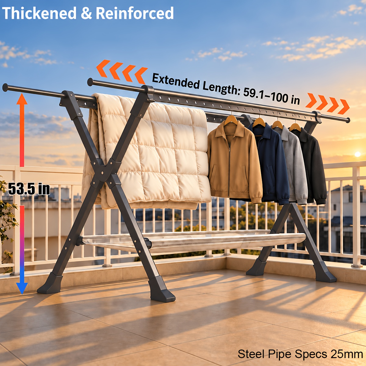 TEMU Telescopic Clothes Hanger With Sturdy Metal Double Poles, With Storage Mesh Pocket And Silicone Anti-slip Foot Pads. This Heavy-duty Drying Rack