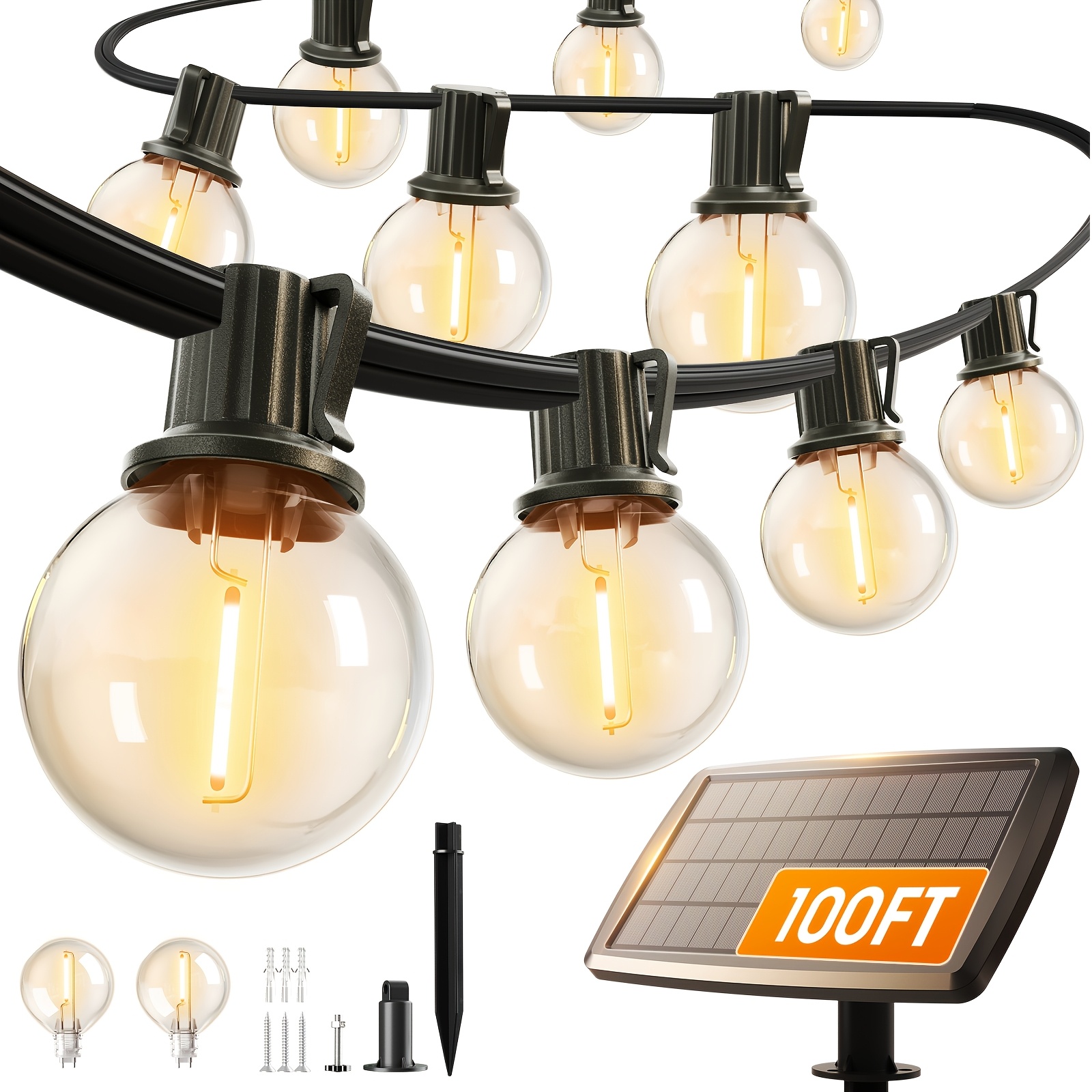 TEMU Solar String Lights Outdoor Ip65 Waterproof, 200ft/100ft/25ft Led String Lights With Shatterproof G40 Dimmable Bulb, Solar Outdoor Lights For