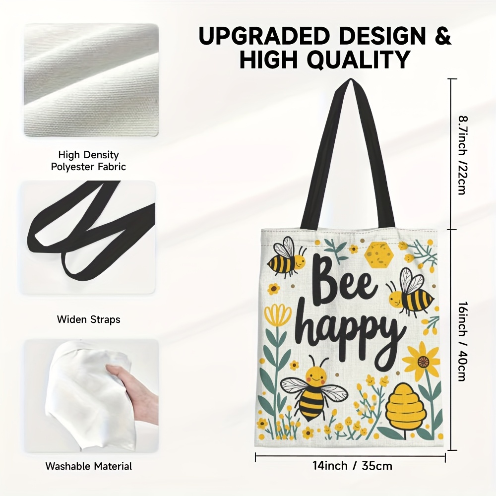 Image of 1pc, Style Honeybee Print Shoulder Bag, Lightweight, Strap, Fashionable Women's Messenger Bag With Pockets, White And , Casual Everyday Use, , Nature Inspired Accessory, Quality Fabric Construction