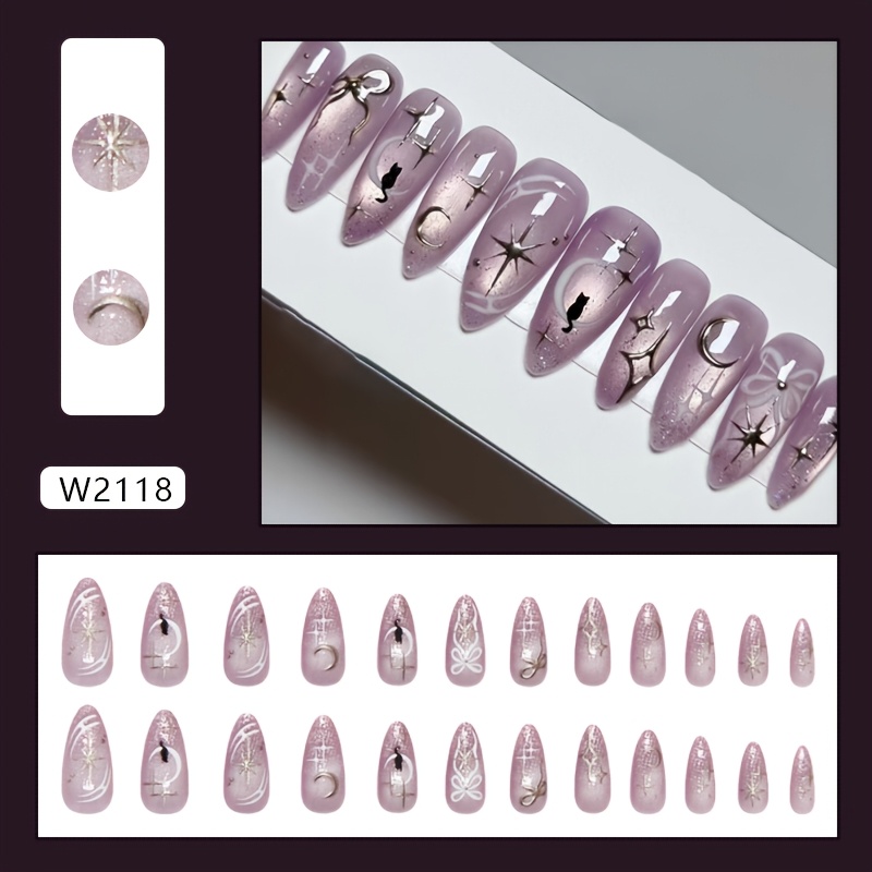 TEMU 3d Cat Eye Sky Press- Nails Suitable For Hand & Foot - Almond Shape Medium Length Detachable Nail Art With Glossy Bow & Star/moon, Nude Base For