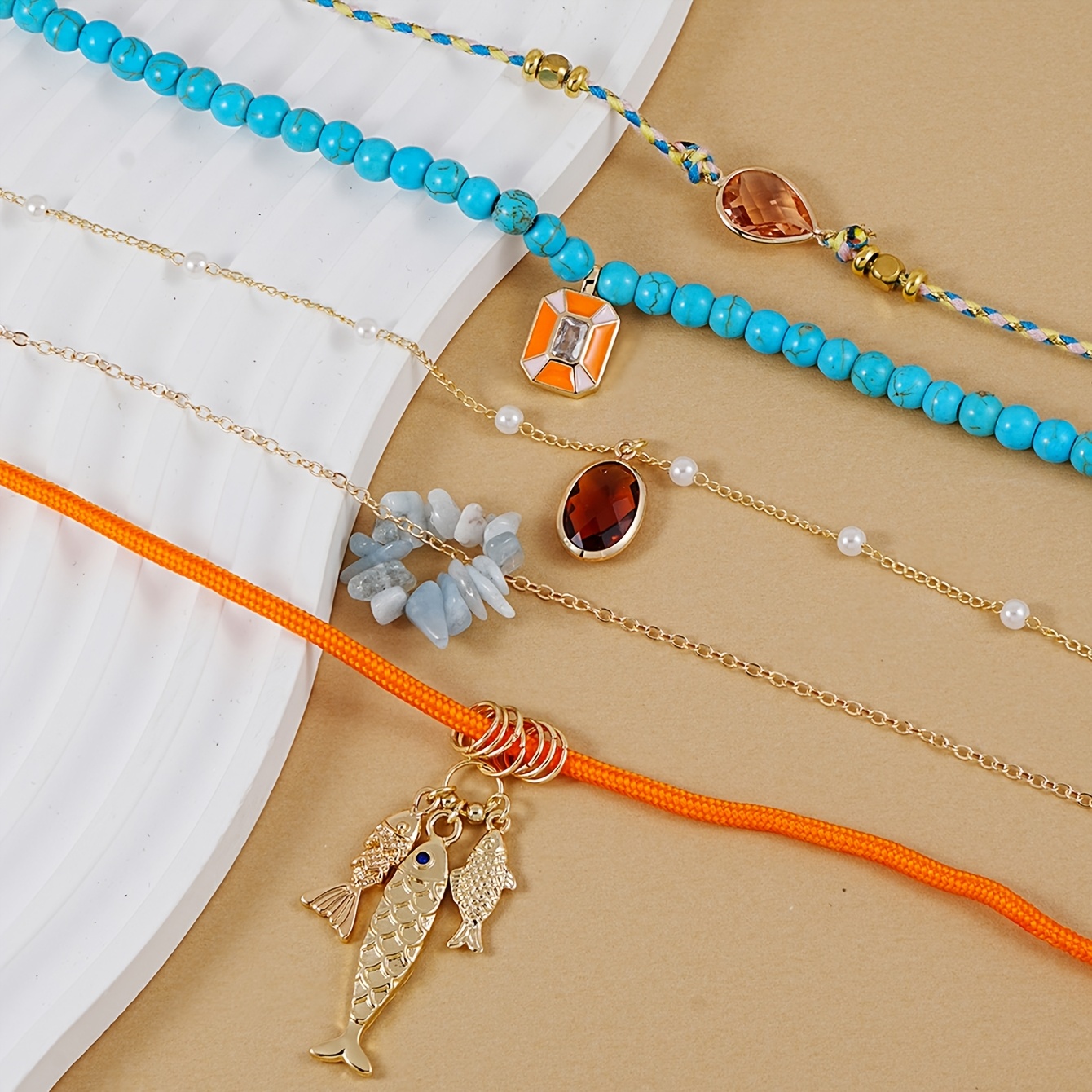 5pc Bohemian Pendant Necklace Set, Multi-Layer with Turquoise Beads