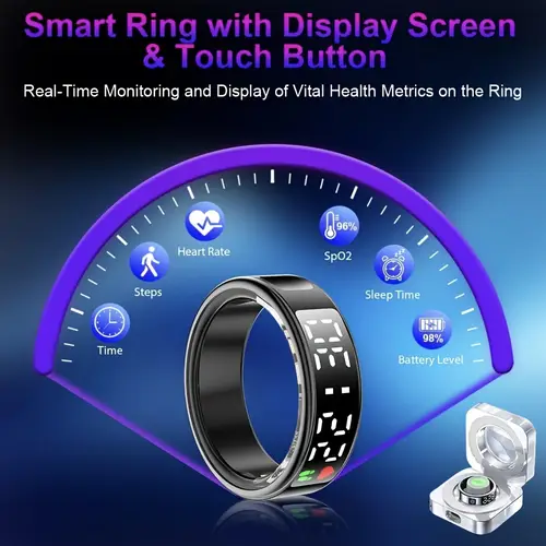 time display smart ring with charging case fitness sleep step distance calorie monitor wireless 5 1 magnetic charging stylish stainless perfect birthday gift for friends ideal for parties holidays special occasions