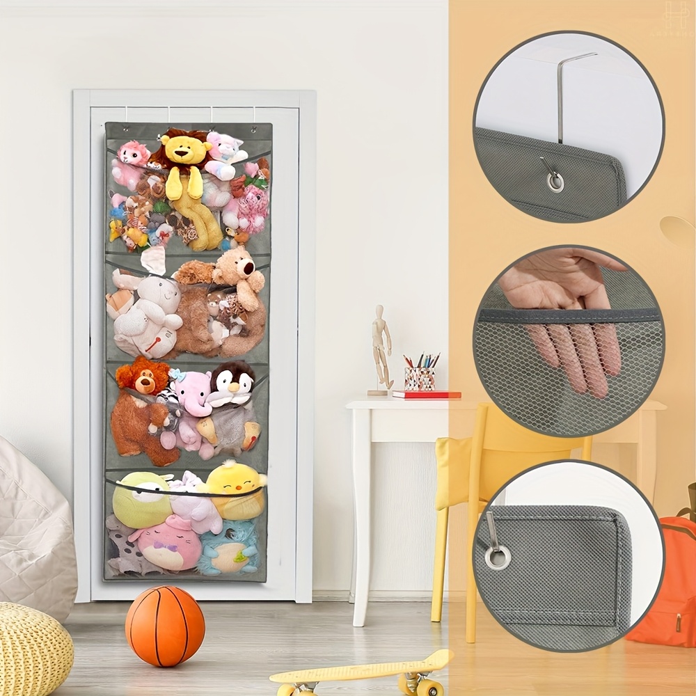 1 pack large mesh over door hanging storage with 4 large pockets hooks foldable door mounted shelf suitable for room playroom closet space saving door shelf for stuffed animals clothes Product details 5