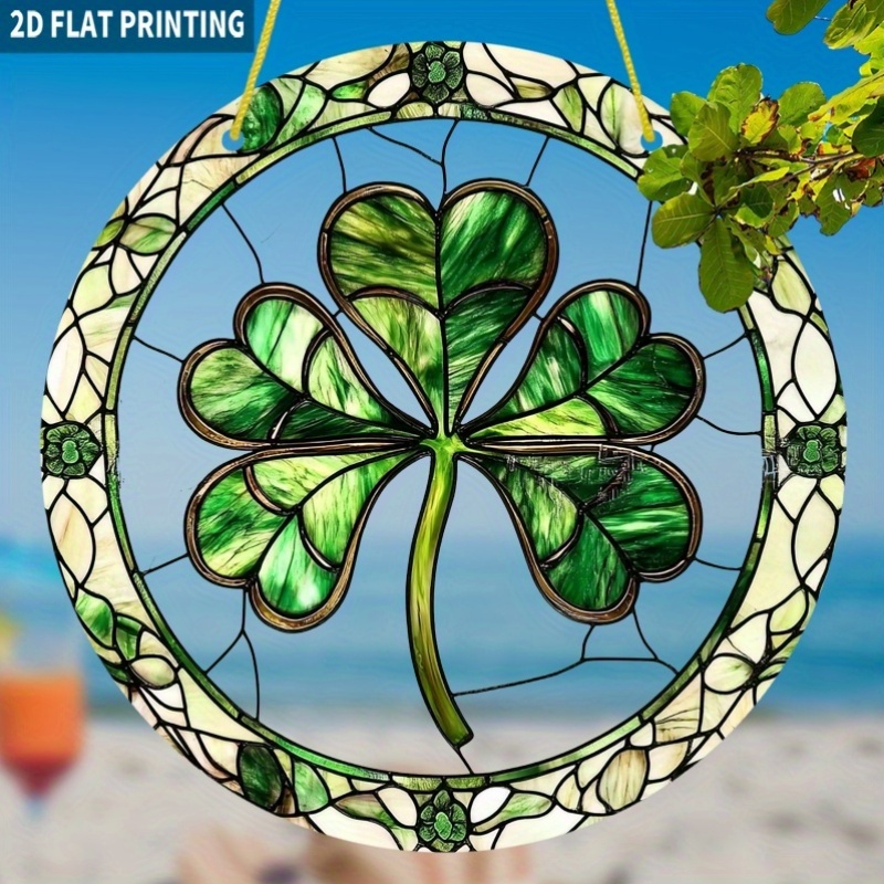 TEMU 2d Flat, 1pc Bohemian Shamrock Stained Glass Sun - Green Acrylic Round Window Hanging Decor With Four, Irish Luck Sign Suitable For Spring, 's