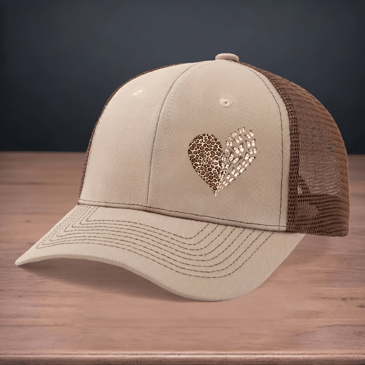 TEMU High-quality Printed Leopard Heart Pattern Baseball Cap Trendy Casual Hat Hard Adjustable Size Classic Curved Brim Breathable Semi-mesh Grid