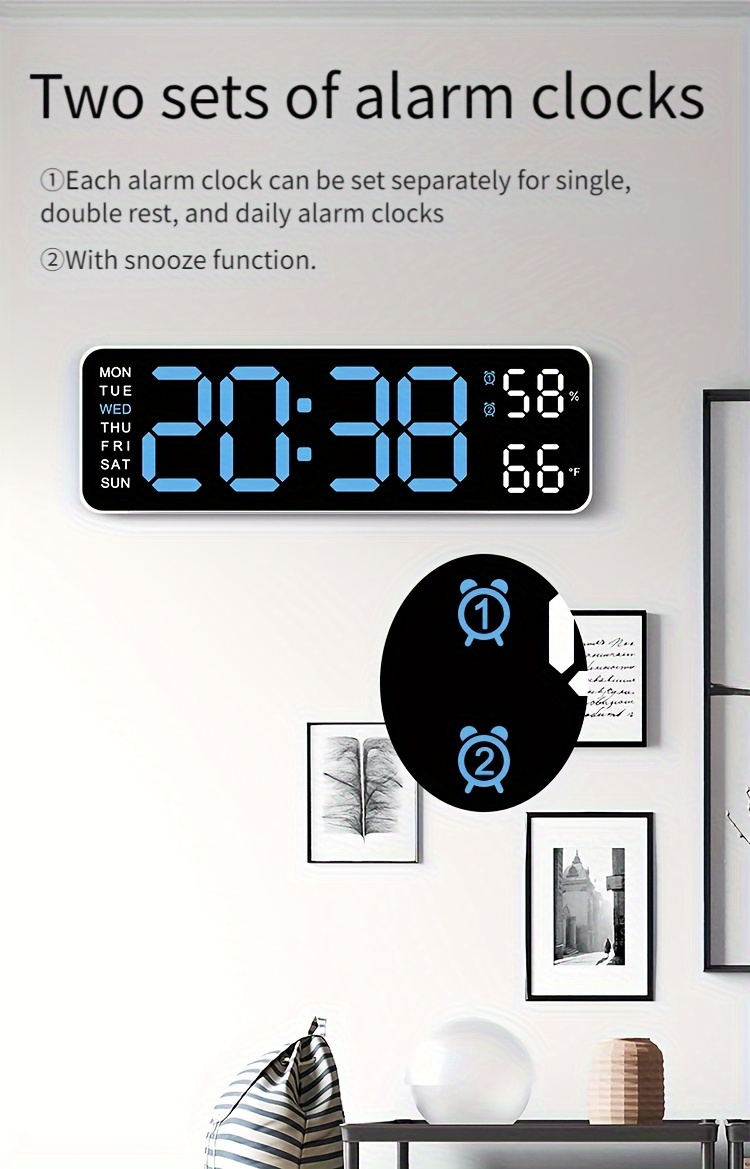 большой цифровой настенные часы с большим экраном и встроенным термометром в стиле скандинавского минимализма для гостиной или рабочего стола. С функцией будильника и подсветкой экрана. Описание 6.