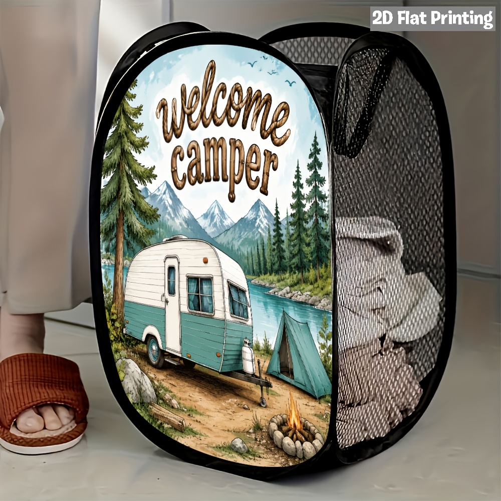 TEMU 2d Flat 1pc Outdoor Camping Mesh Pop-up Laundry Hamper - Portable Storage Gift For Travelers And Campers