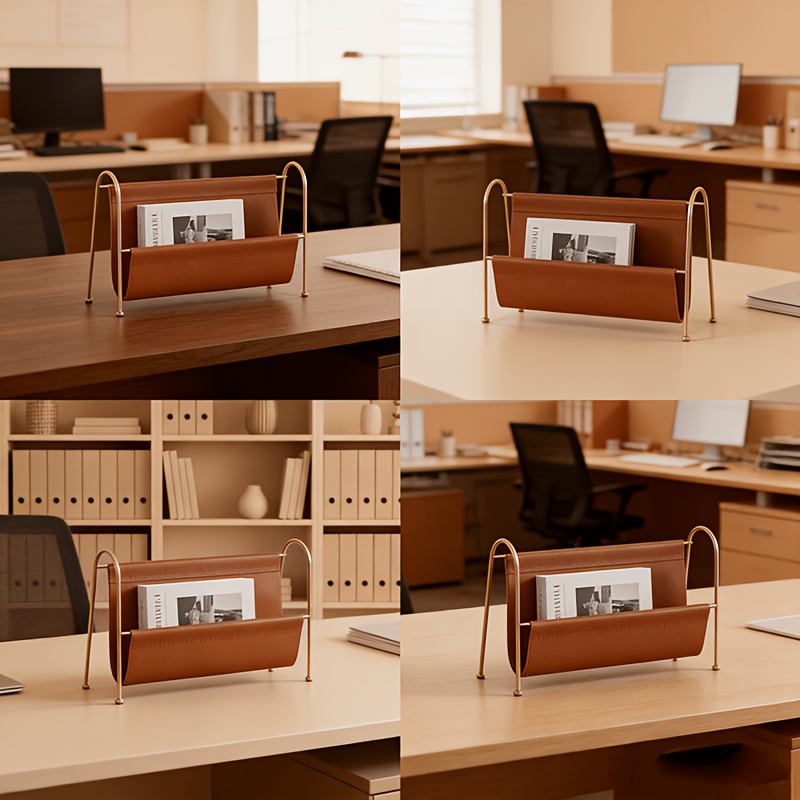 Nordic-style Magazine Rack in Metal and PU Leather with Clean Lines, Keeps Documents Organized or Use as a Bookshelf; Available in a Double-sided Style to Satisfy Your Different Placement Needs.