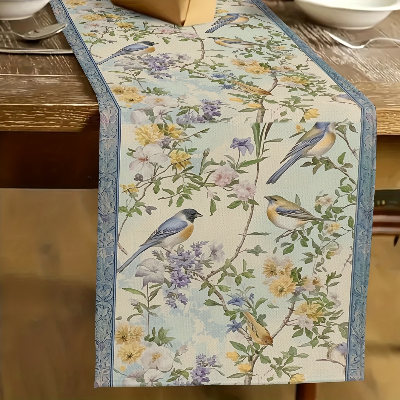 TEMU Charming Birdie Farmhouse Table Runner - Linen, Floral Design For Dining & Parties, 13x72 Inches