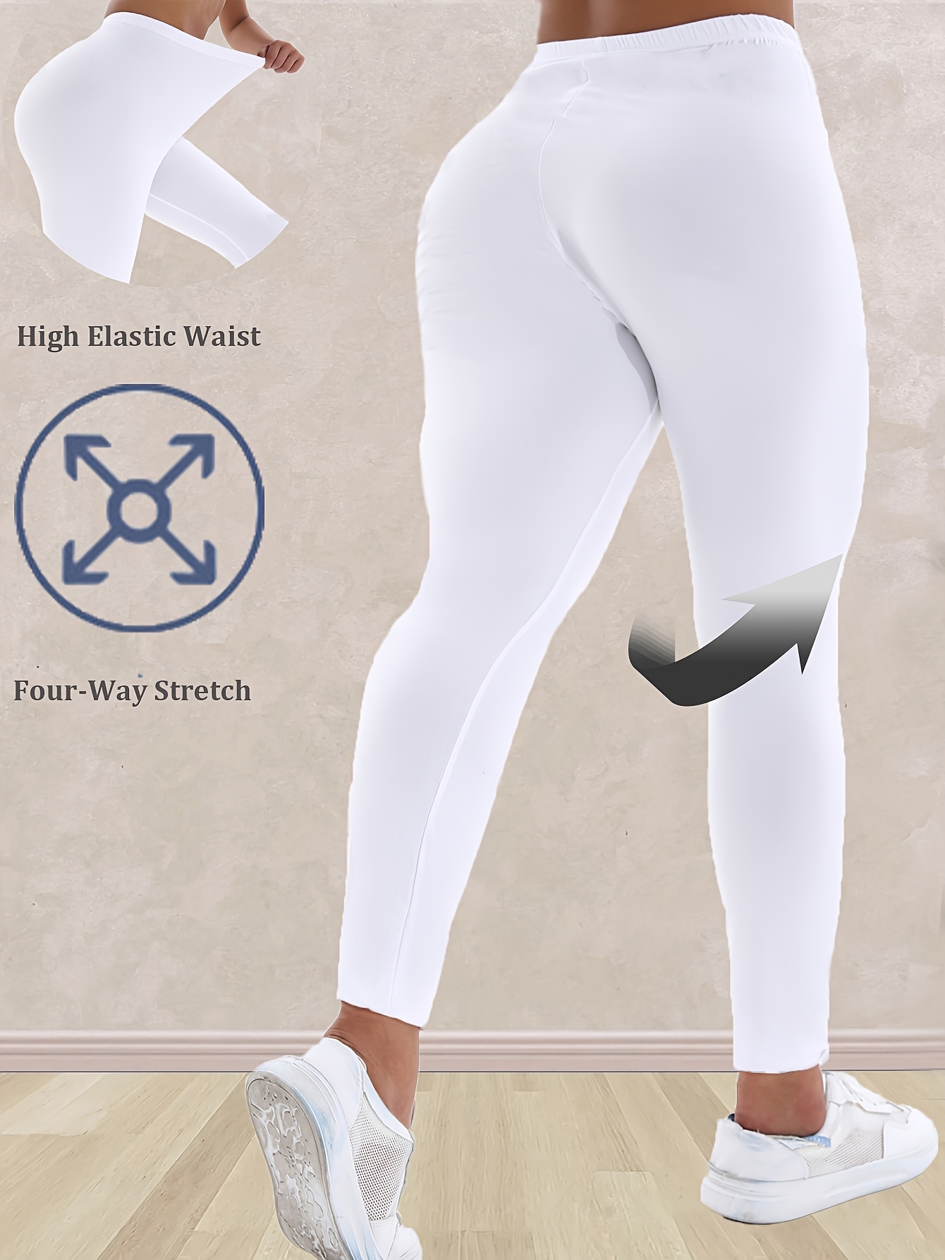 Plus Size, Plus Size Women's High-Waisted Leggings - 4-Way Stretch Elastic Waistband, Solid Black 7/8 Length Pants for, Casual & All-Season Wear - Machine Washable Apparel, Leggings, Versatile Clothing, Highelastic Waistband