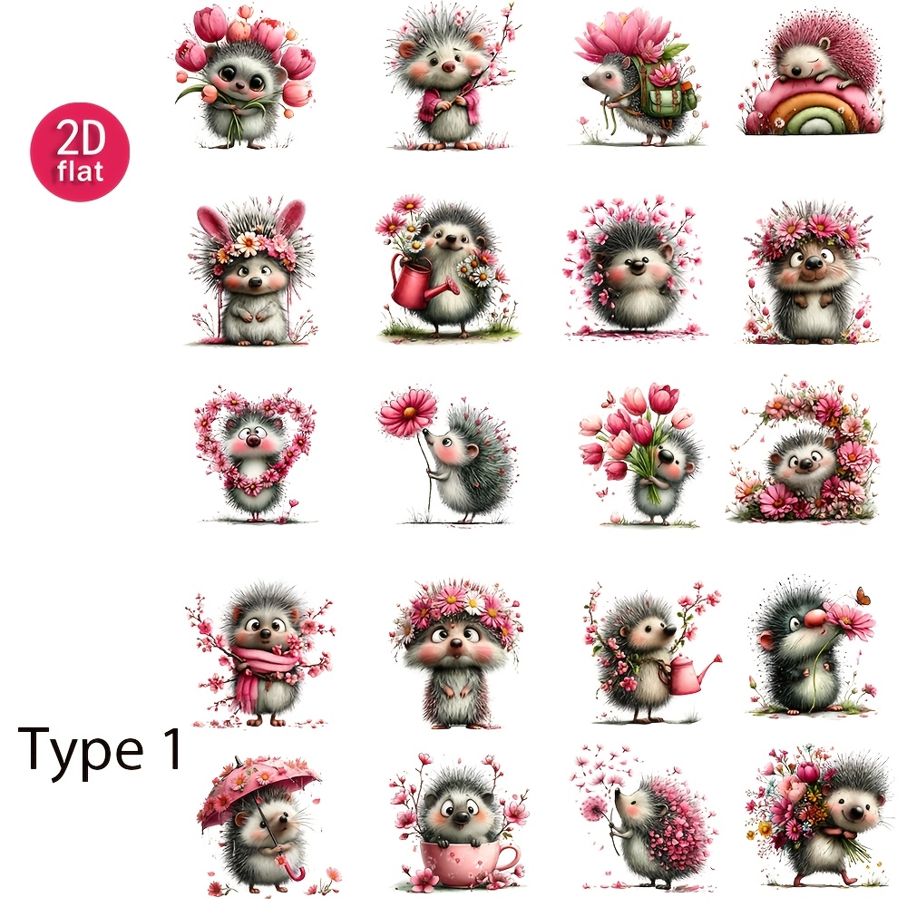 Image of 2d Flat 1-pack Vintage Spring Pink Flowers Hedgehog Journal Stickers For Decoration, 2d Flat Diy , Diary, Photo Album, And Stationery Stickers, 2d Flat
