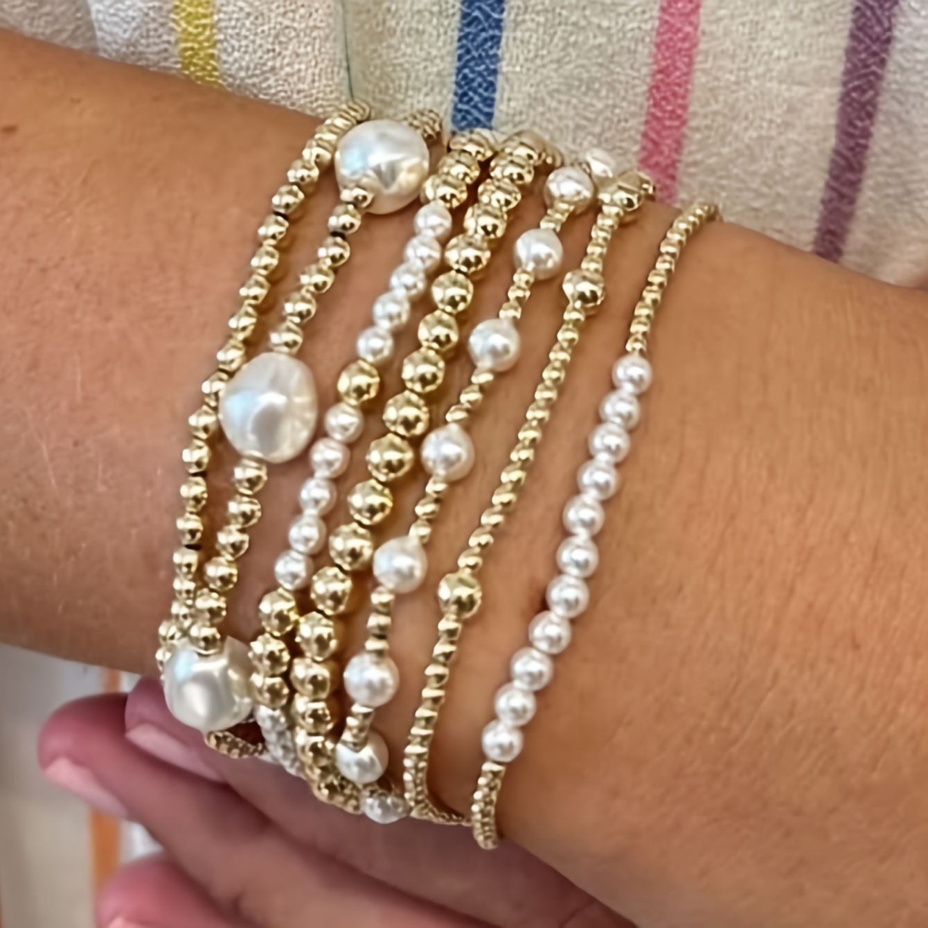 TEMU 7pcs Set, Fashionable Minimalist Large And Small Golden Bracelets, Irregular Beaded Bracelets, Women's Beaded Bracelets, Handmade Beaded Bangle