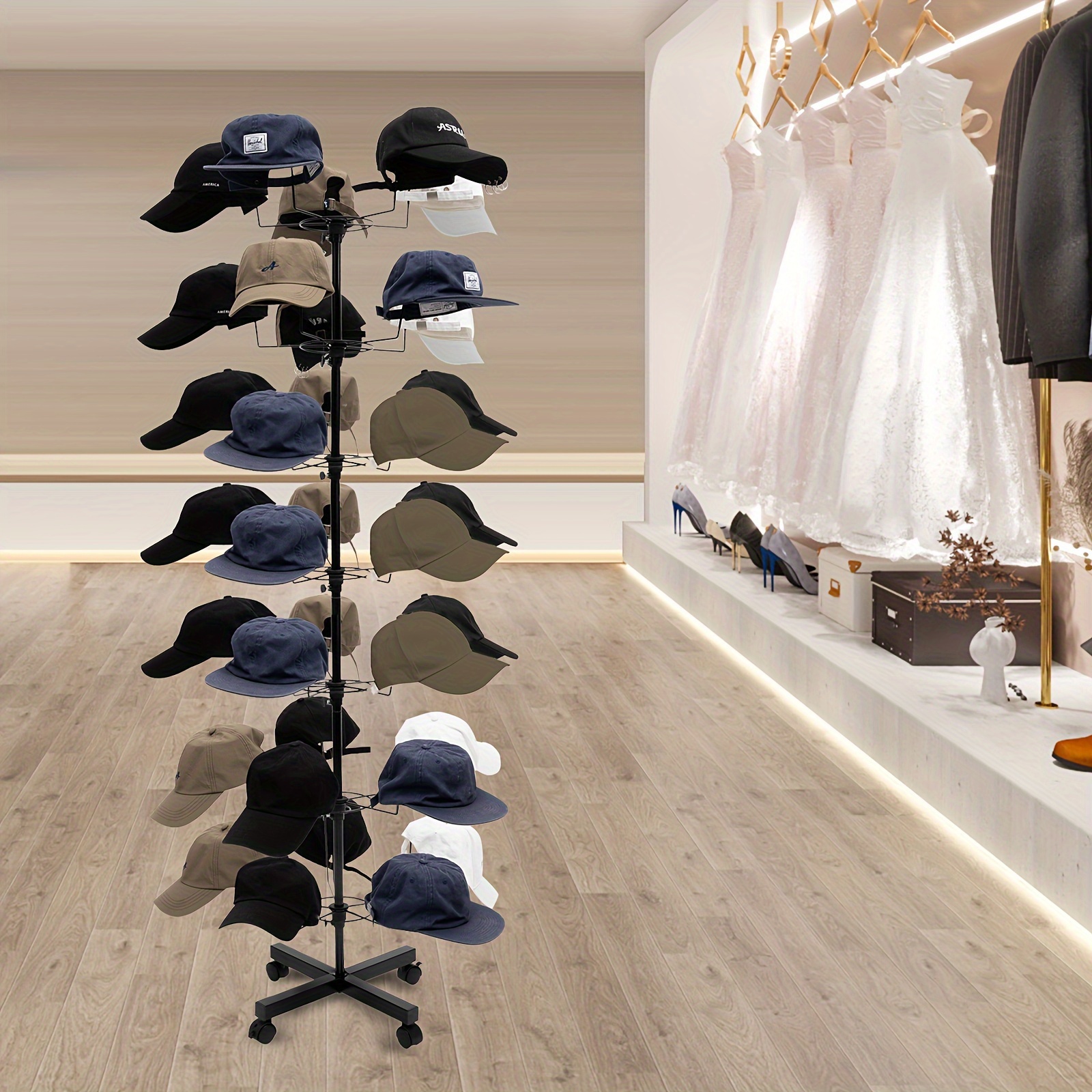 

7 Tier Hat Display Retail Hat Rack 4 Wheels Hanger Display Stand Rotating 35 Hat