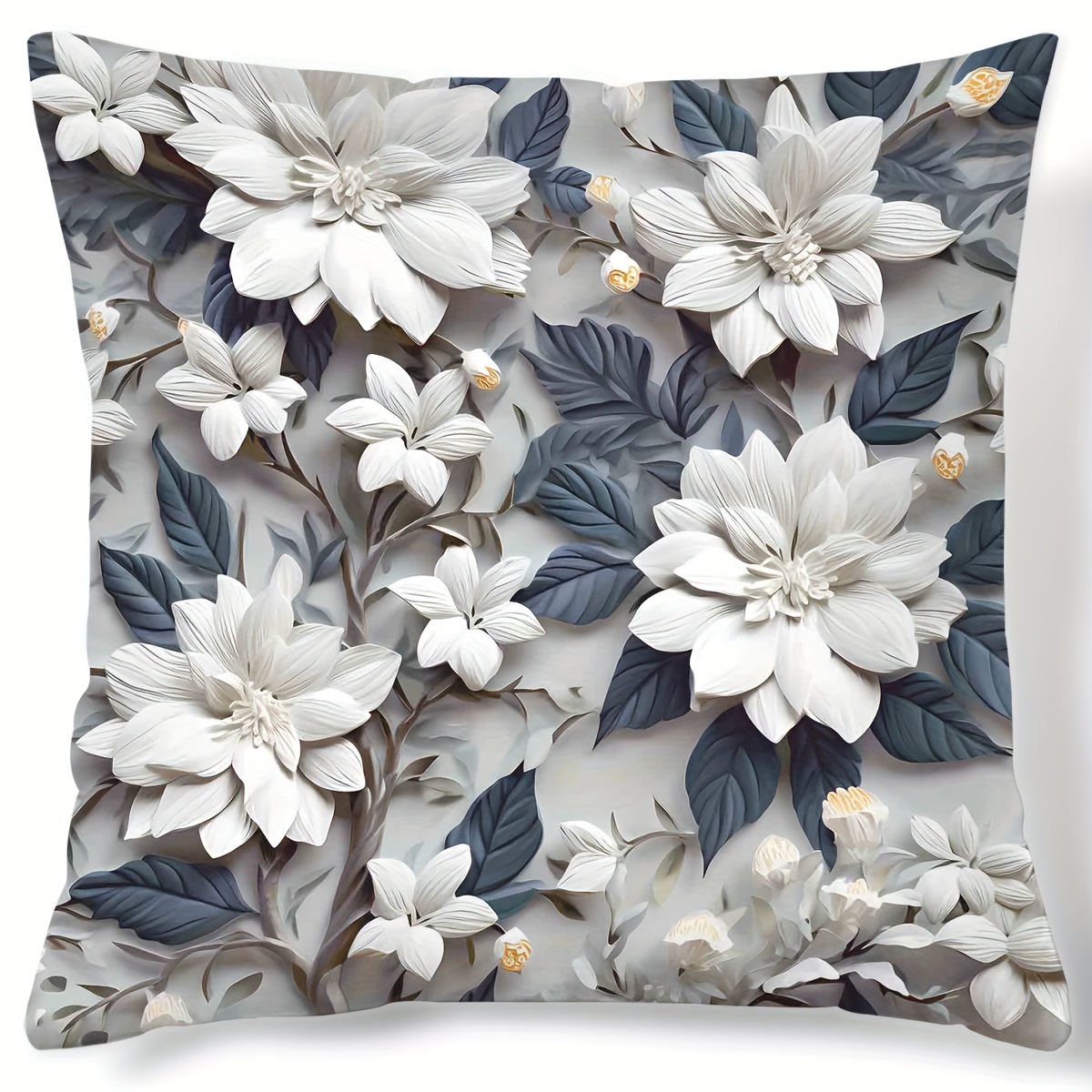 

1pc 3d Floral Digital Print Pillow Cover, Contemporary Style, 17.7x17.7inch Soft Decorative Cushion Case For Home Decor, Grey And White Flower Design